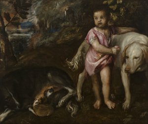 Garçon avec des chiens dans un paysage - Tiziano Vecelli